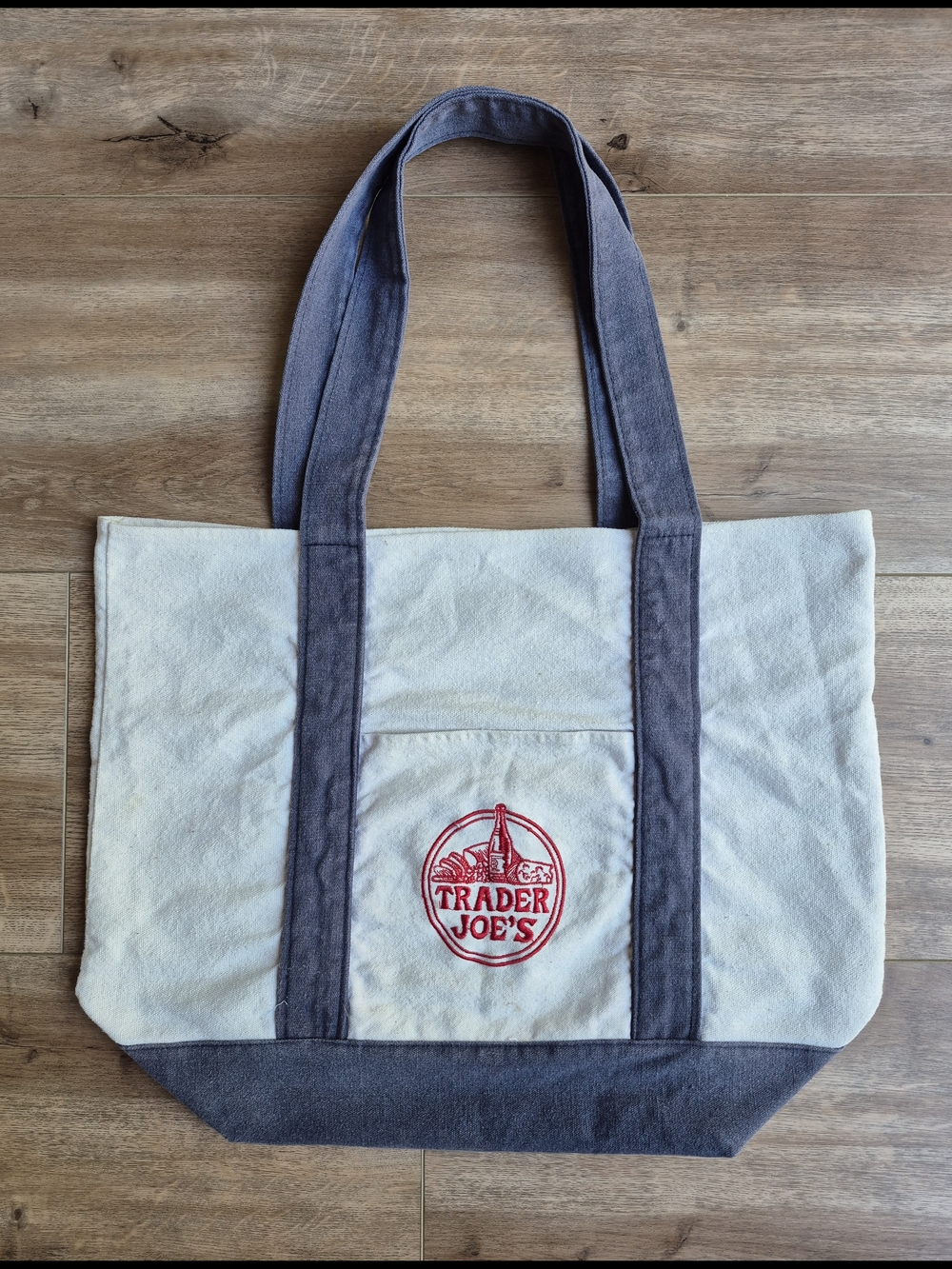 Vintage Trader Joe's Large Canvas Tote Bag Embroidered Front Pocket Denim